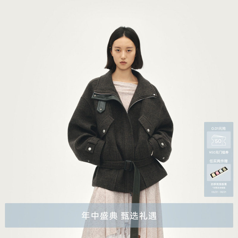 AVVENN拼皮墨绿机理纹宽松廓形短外套大衣AL90301533