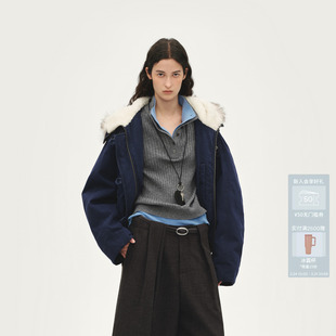 藏蓝AL90501844 羽绒外套修身 AVVENN大毛领水洗帆布短款 牛角扣工装