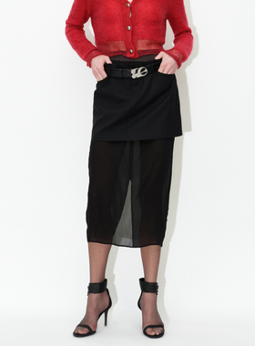 AVVENN秋季真两件可机洗羊毛混纺黑色长裙AM71506750