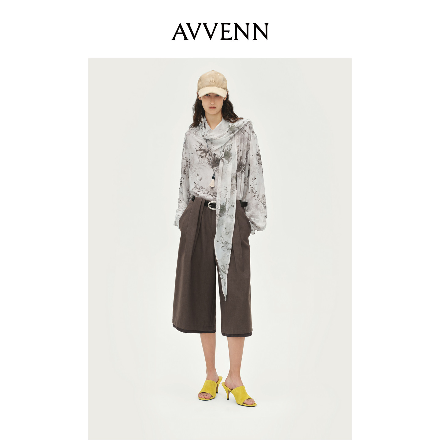 AVVENN花型印花飘带设计V领衬衫长单衣AL90802729