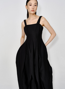AVVENN夏季现代纯黑色薄款混纺吊带连衣裙AM31101745