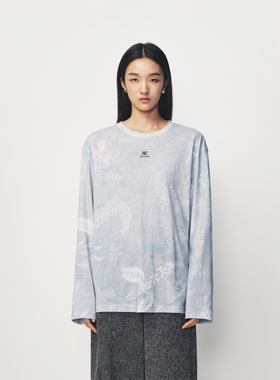 AVVENN【艺术家联名】蓝色草本植物图案花版印花T恤AK11001526