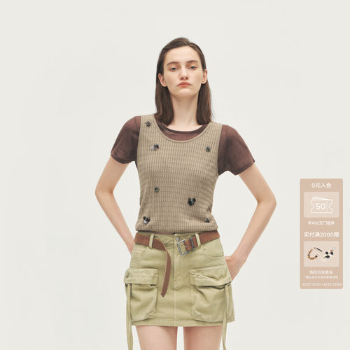AVVENN设计师款真两件咖绿撞色亚麻纱修身套头T恤AL70601632