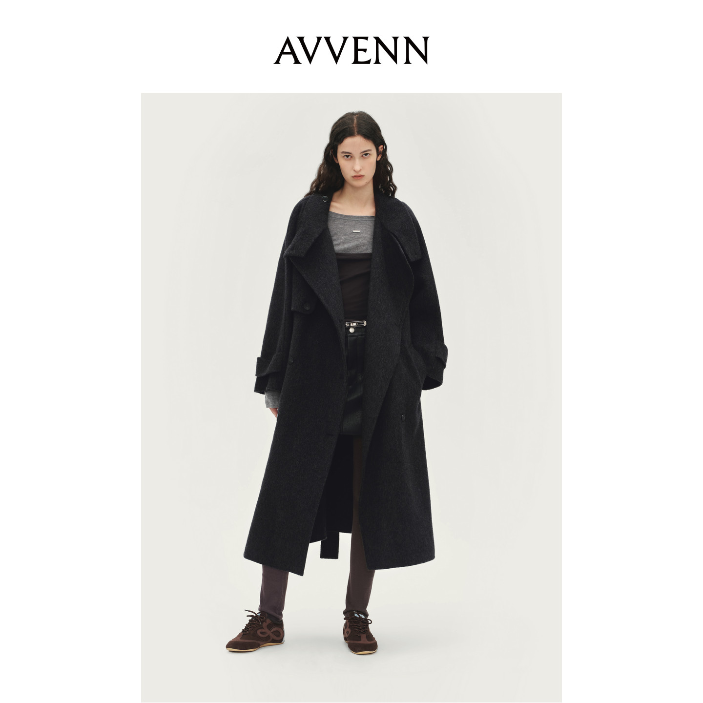 AVVENN羊毛骆驼绒双面呢三角巾披肩款长大衣AL90303724