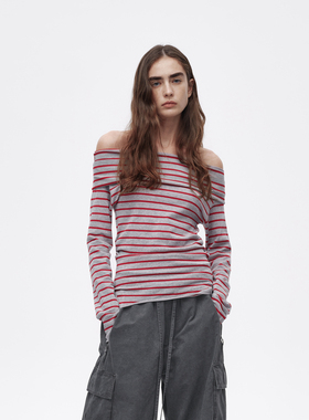 AVVENN设计师款慵懒一字肩精致刺绣复古条纹毛衣AL10601671