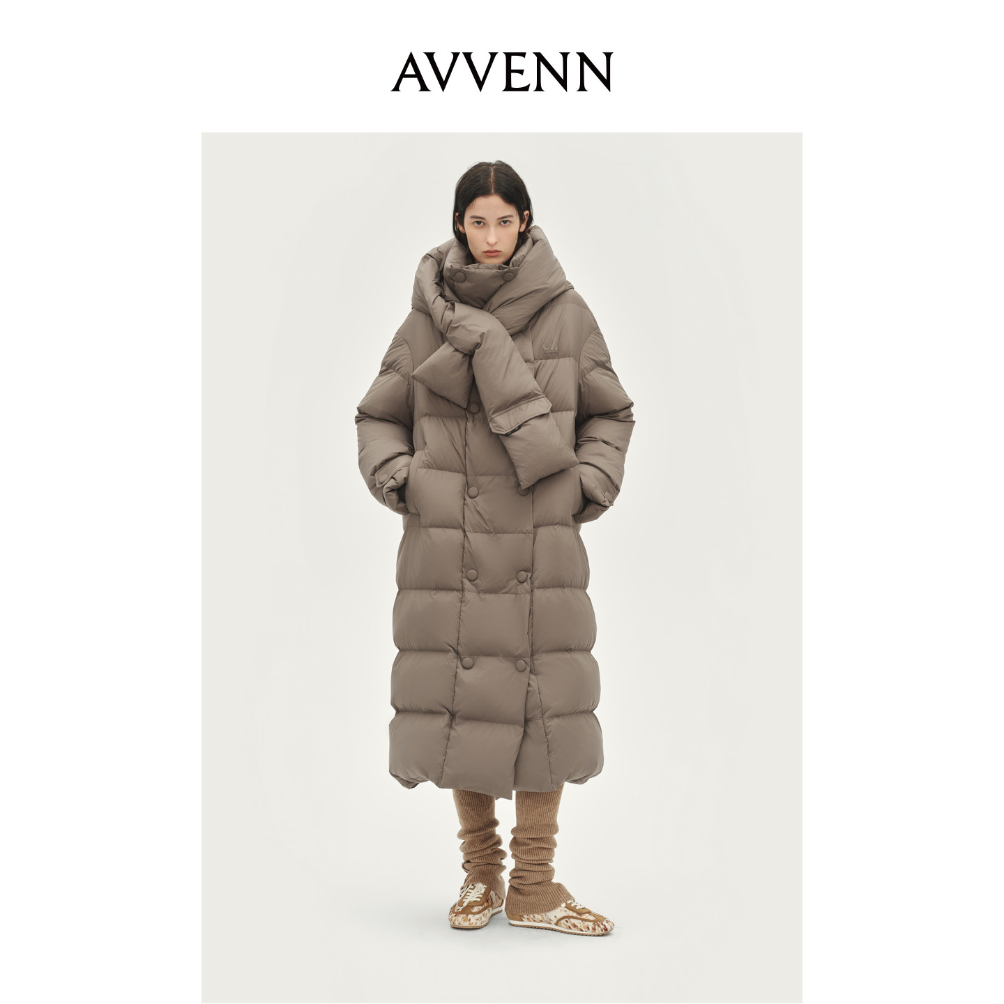 AVVENN连帽交叉围巾超长款口袋高领羽绒外套围脖驼色AL90503735