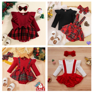 幼儿爬爬服哈衣新年衣服 圣诞节婴儿服装 女孩子红色格子连衣裙套装