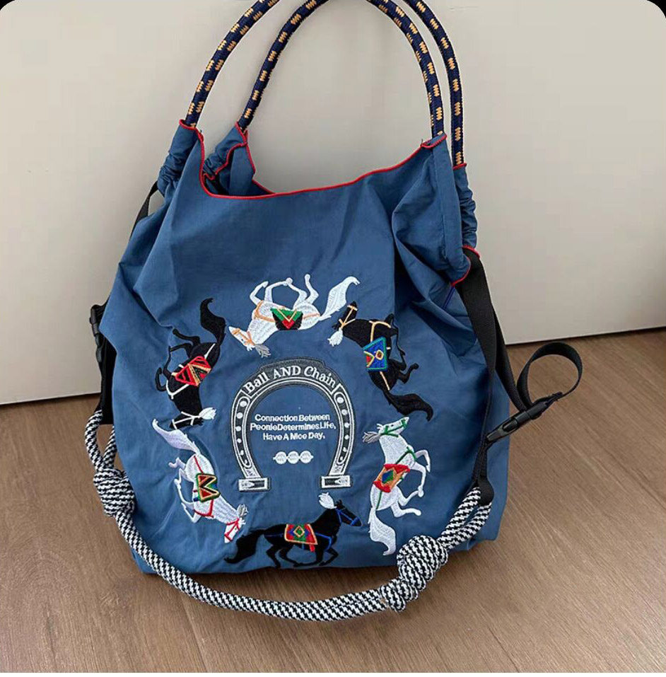 Japanese Ball Chain Environmental-Friendly Shopping Bag Gao Yuanyuan Same Style Travel Bag Embroider Bag Nylon Canvas Crossbody for Women