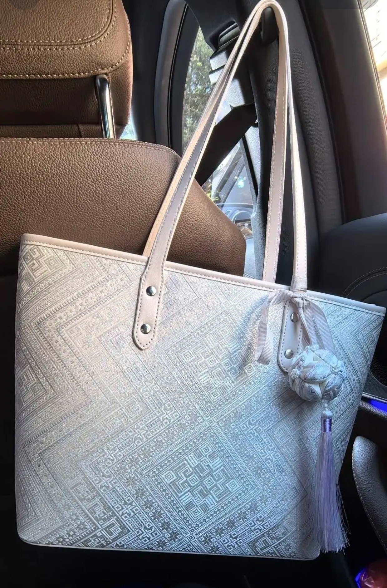 素白几何纹托特包时尚大容量简约大方民族气质单肩包子母包