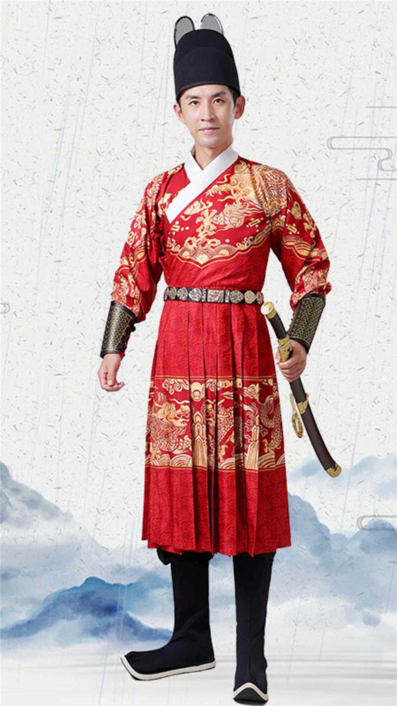 新式汉服男明朝锦衣卫服装大明风华飞鱼服曳撒麒麟红色中式伴郎服