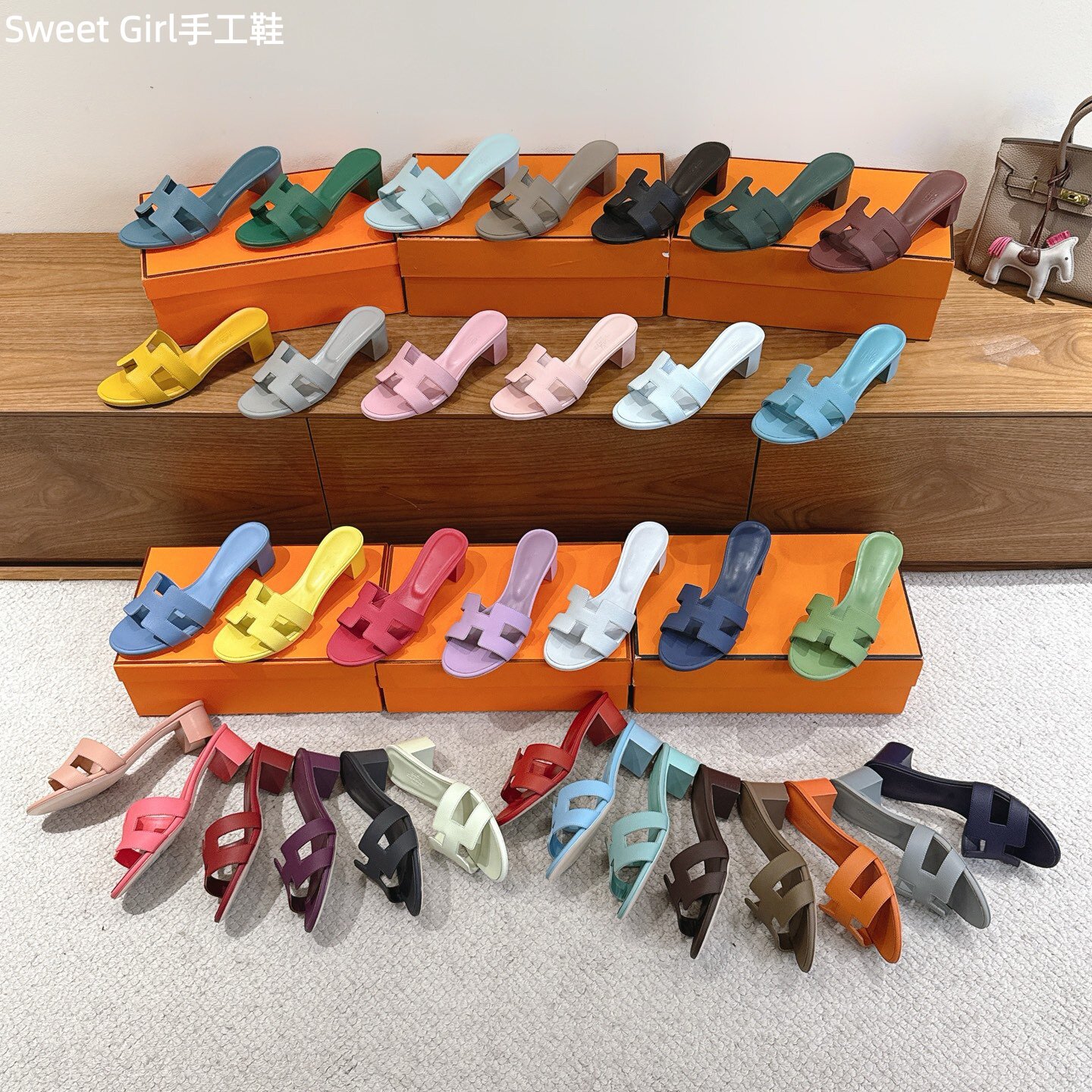 手工鞋法式中跟拖鞋女凉拖夏季一字拖鞋黑色牛皮休闲掌纹粗跟凉鞋