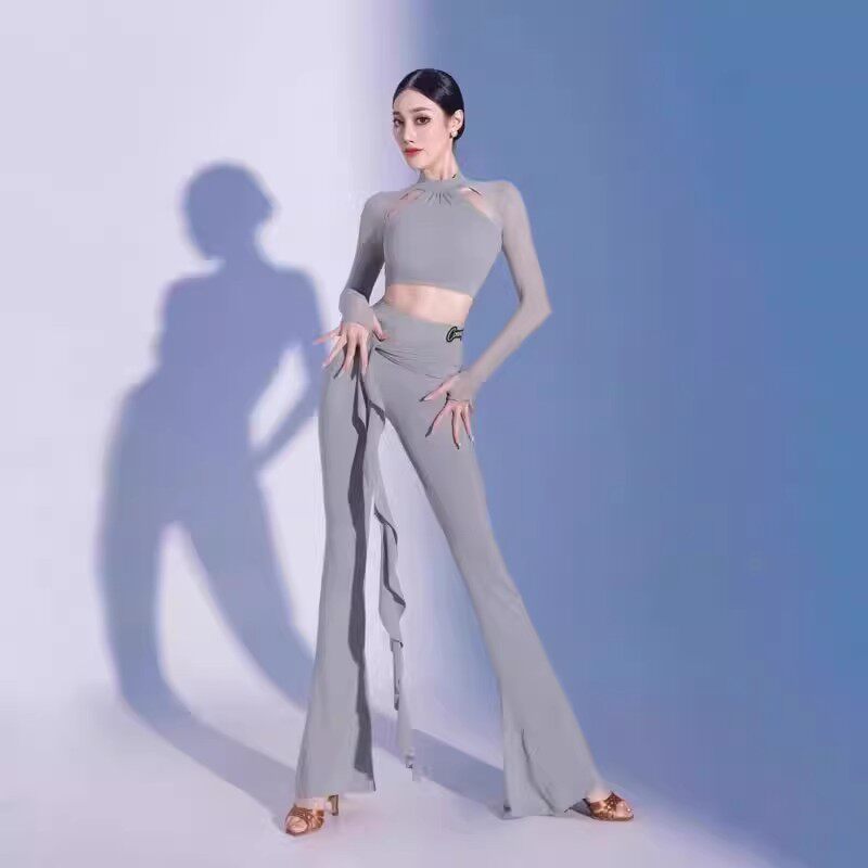 女士拉丁长袖露腰网纱微喇紧身裤