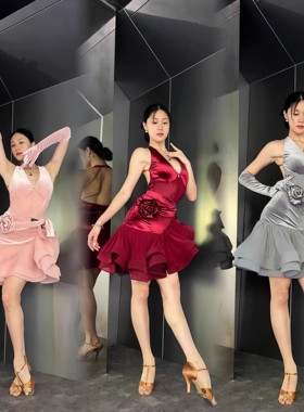新款女成人拉丁舞服红色丝绒挂脖露背上衣鱼骨裙高级感演出服套装