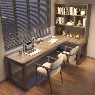 转角书桌书柜一体电脑桌全实木卧室靠墙学习拐角L型7办公桌胡桃色