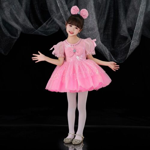热销六一儿童蓬蓬纱裙演出服幼z儿园舞蹈裙女童粉可爱亮片表演服