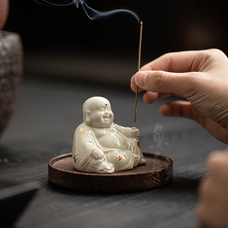 热销鱼戏手工弥勒佛m陶瓷线香插中式禅意家用香熏炉书房茶道香炉