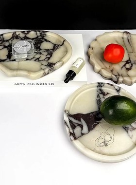 天然宝格丽大f理石果盘收纳托盘摆件简约轻奢样板间酒店客厅装饰