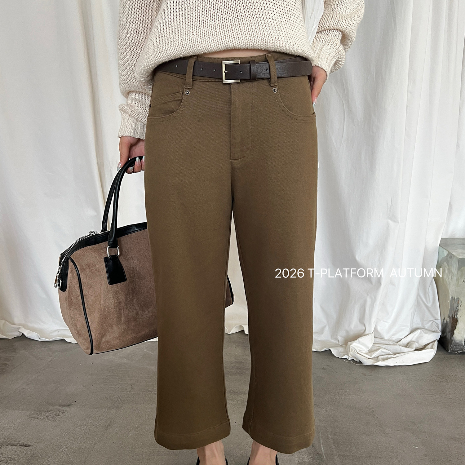 T-PLATFORM-女高腰配腰带贴袋直筒九分裤遮胯休闲裤(配皮带)26161