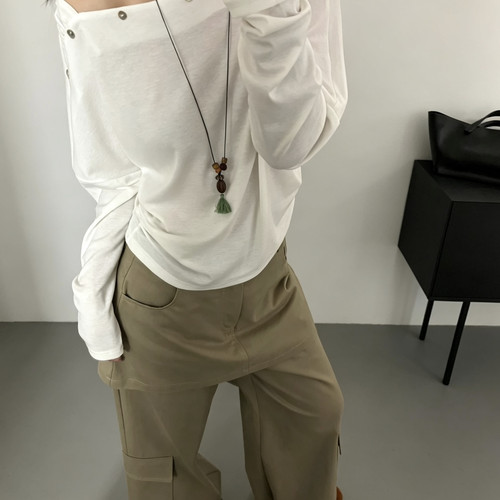 meet up studio-T版型高弹面料配项链斜肩T长袖T恤(配项链)51351