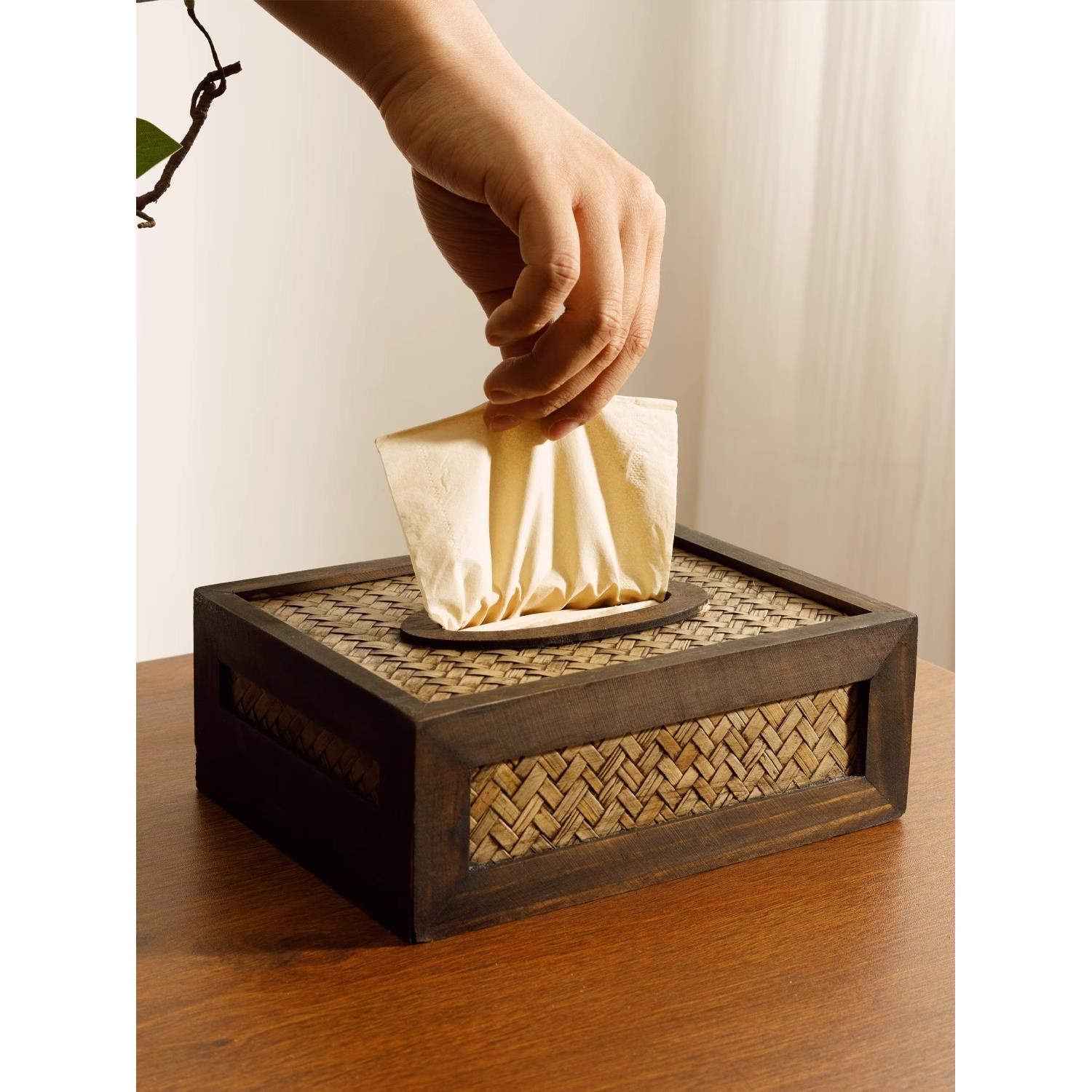 实木纸巾盒竹编纸抽收纳盒复古家居创意餐厅茶几家用桌面抽纸盒子