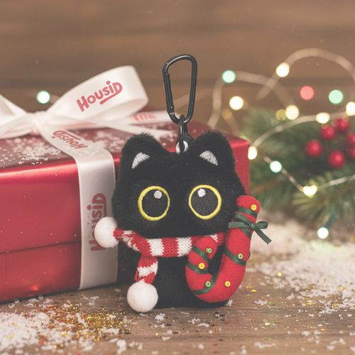 围巾圣诞杖套装大眼黑猫包挂件