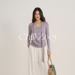 CHILLZOEY清欢渡解构针织假两件挂脖长袖 小众设计感上衣 T恤女新款