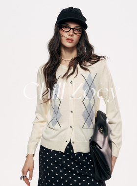 CHILL ZOEY 闲云格纹针织开衫女慵懒风菱格纹软糯温柔系毛衣外套