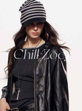 CHILL ZOEY岩石黑皮衣外套女新款宽松机车风做旧PU皮夹克潮酷百搭