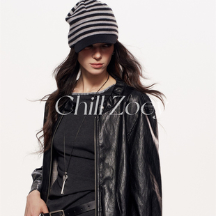 CHILL ZOEY岩石黑皮衣外套女新款宽松机车风做旧PU皮夹克潮酷百搭