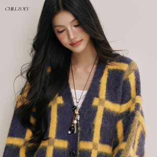 外套宽松慵懒长袖 柚趣格纹毛衣女秋冬羊毛开衫 设计感 ZOEY CHILL