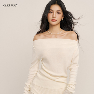 针织套装 CHILL ZOEY月下听风镂空上衣半身长裙针织露肩一字肩长袖