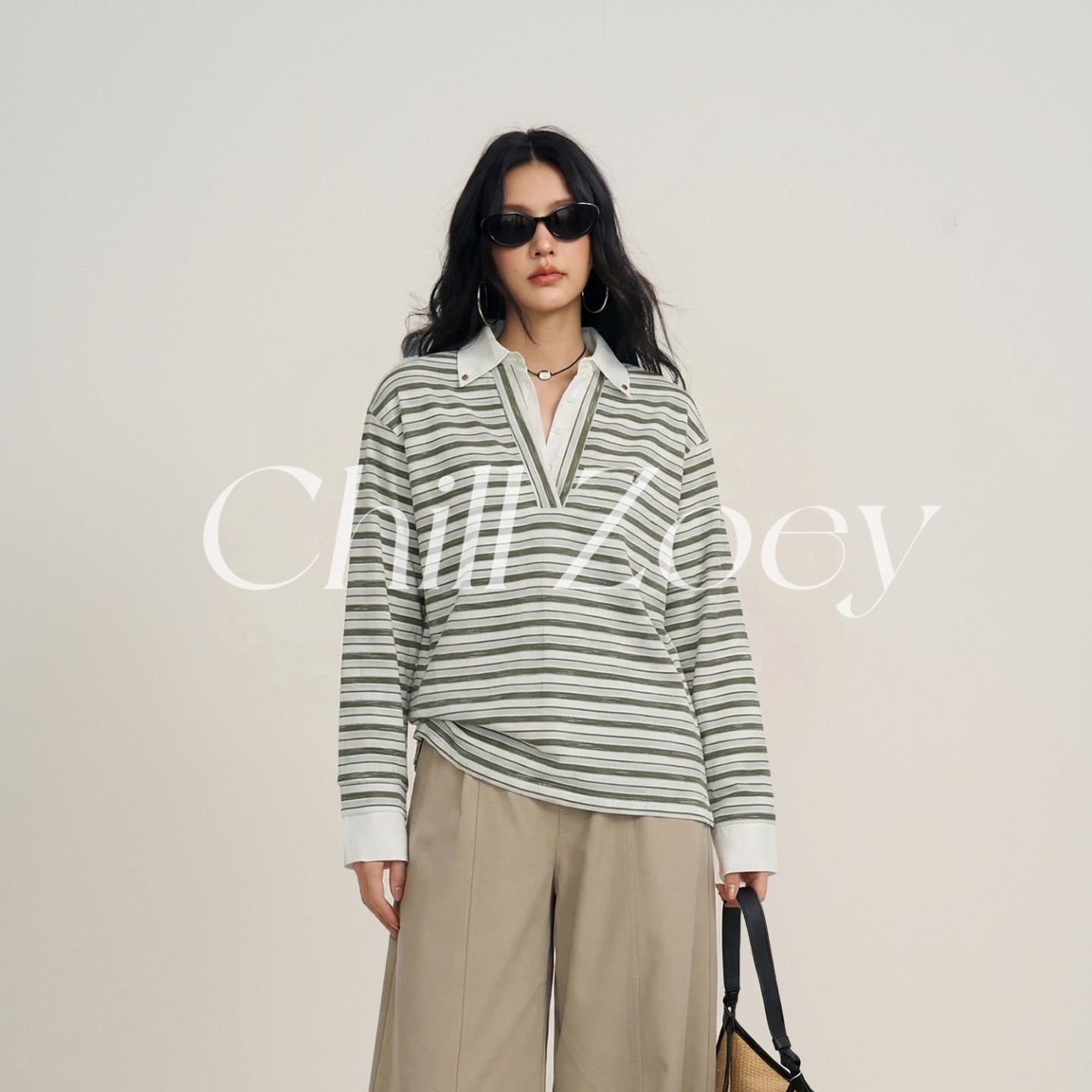 CHILLZOEY 巡航日记条纹衫复古polo领长袖T恤女松弛感休闲上衣