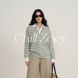 T恤女松弛感休闲上衣 复古polo领长袖 CHILLZOEY 巡航日记条纹衫
