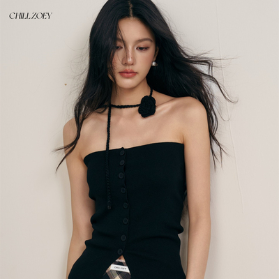 CHILL ZOEY知岚抹胸上衣女夏季新款抹胸短袖露肩纽扣开衩辣妹装