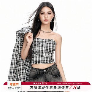 CHILL ZOEY 格纹抹胸衬衫两件套吊带套装两件套酷盐系炸街两件套