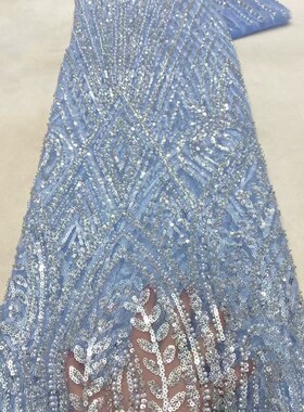 新款金色高端珠管绣面料亮片绣布A料婚纱礼服舞台服绣花面料lace