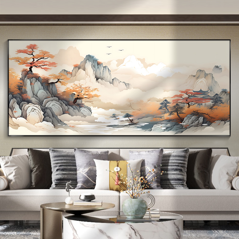 网红中式意山厅水画客挂大气沙发背景境墙画酒P茶壁店包间室新装