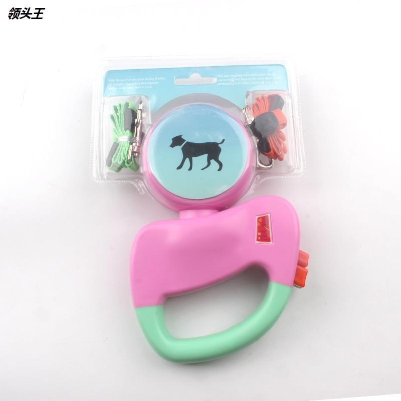 自动伸缩牵f引绳一拖二双头 创意遛狗绳 狗链子 宠物用品