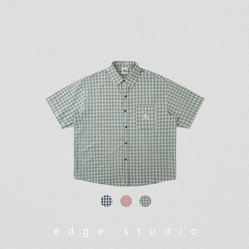 edge studio 边缘工作室 短袖格子复古怀旧小众宽松男装夏季衬衫