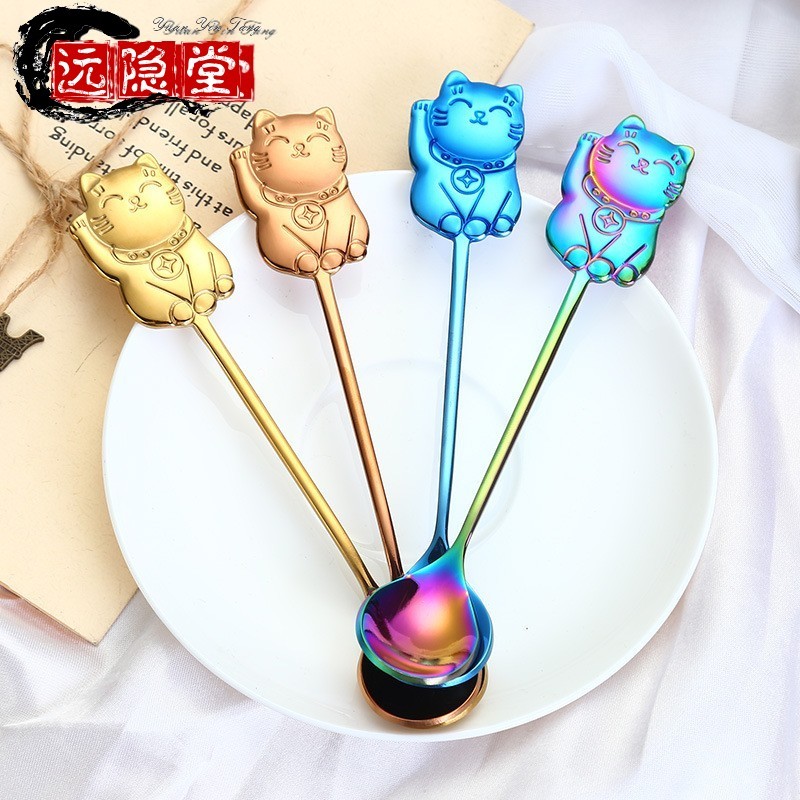 极速创意304不锈钢卡通招财小猫勺可爱咖啡搅拌勺子冰Z淇淋雪糕甜