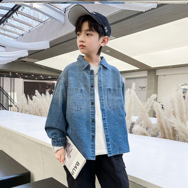 极速厂家男童牛仔衬衫中大童男孩长袖衬衫青少年翻U领薄款外套春