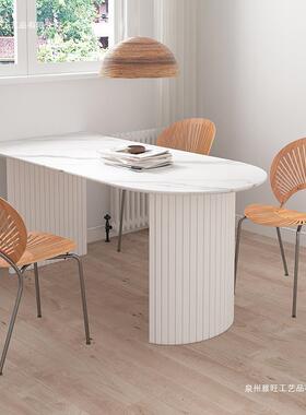 北欧岩板餐桌小户型饭桌 靠墙白色用餐桌椅组合 轻奢岛台长方形