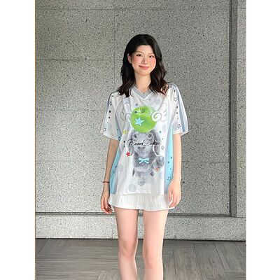 【筒花顺】26夏季New美式复古趣味个性图案设计宽松短袖T恤女款