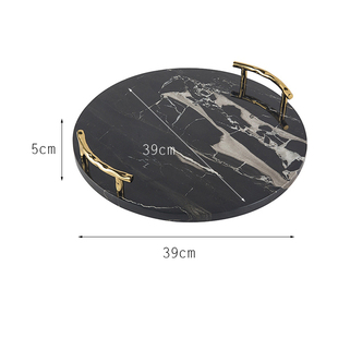 北欧现代轻奢黑色金属黄铜大w理石圆形托盘样板房酒店收纳欧式摆
