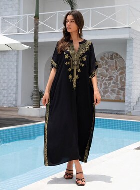 沙滩罩衫c人棉金色长袍度假绣花l4053l