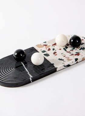 Rzone 极简现代轻奢黑色大理石椭F圆托盘摆件样板房售楼处软装饰