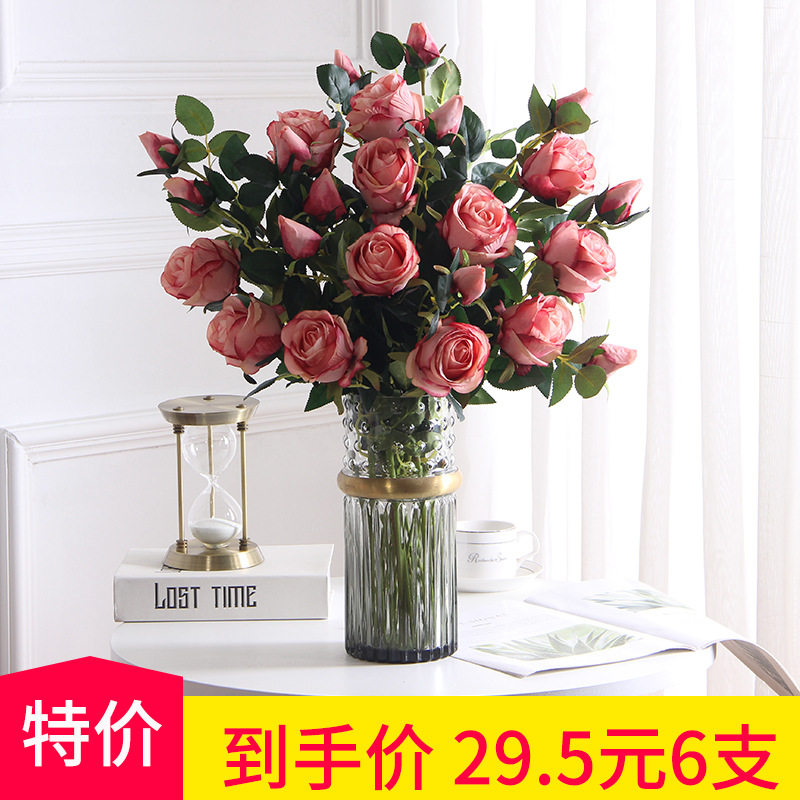 轻奢仿真玫瑰花花艺假花绢花摆件客厅餐桌装饰插花束摆设含花瓶