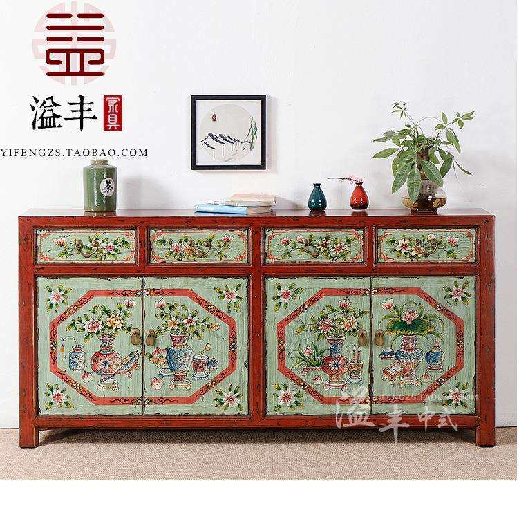 新中式做旧彩绘餐边柜仿古实木玄关门厅储物收纳柜鞋柜四门柜