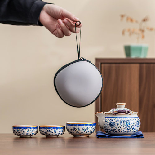 青花汝窑旅行茶具套装便携户外露营陶瓷快客杯一壶三杯单人饮茶具