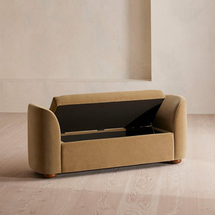 北欧简约绒布储物床尾凳中古奶油风换鞋长条凳衣帽间沙发凳收纳凳